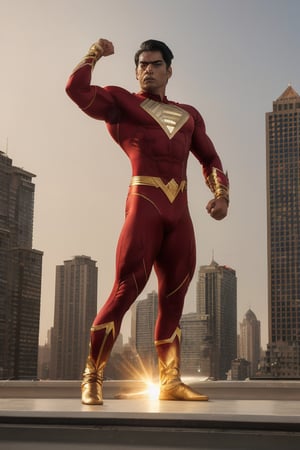 Shaktimaan, also known as Gangadhar, has sharp, confident eyes that exude determination and heroism. His medium-length, neatly styled black hair complements his strong jawline and tanned, muscular physique. His expression is often serious yet kind, showcasing his commitment to justice.

Shaktimaan stands tall on a rooftop overlooking the city, his sharp, confident eyes scanning the horizon. His medium-length, neatly styled black hair frames his strong jawline and tanned, muscular physique. Dressed in his iconic red and gold superhero costume, his serious yet kind expression embodies his commitment to protecting the innocent.