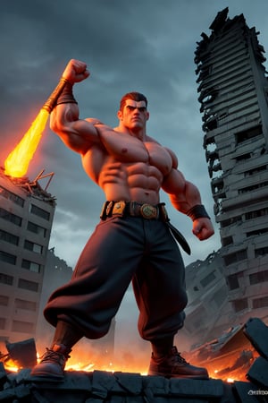 Four Arms has four powerful, muscular arms and a towering, red-skinned body. His yellow eyes glow with strength and determination. His face is strong and chiseled, with prominent features that convey his formidable nature.
Four Arms stands amidst a demolished building, his yellow eyes glowing with unwavering determination. His four powerful, muscular arms and towering, red-skinned body emphasize his immense strength. Wearing his iconic black and white outfit, his chiseled face is set in a look of resolve, ready to protect those in need.