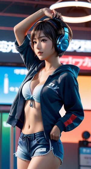 masterpiece, best quality, hoodie , short shorts,  bikini under clothes, short hair, girl, album, Japanese, gradient_background, masterpiece,best quality,official art,extremely detailed CG unity 8k wallpaper, shirt lift, hands in hair, v, headphones around neck, bra lift,(female_solo:1.4),