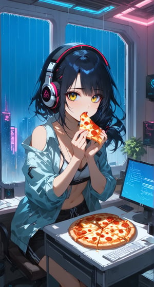 (computer room:1.4),masterpiece, best quality, girl, bishoujo, hair over shoulder, black hair, asymmetrical hair, gradient eyes, bags under eyes, beautiful detailed eyes, looking at viewer, visible through hair, open mouth, (Loose clothes:1.4), (jacket), shorts, white short sleeves, (eating pizza:1.0), wearing headphones, (cross-legged:1.0), bedroom,more detail XL,Expressiveh,concept art,cyberpunk city view out of the window,((from above)),(cyberpunk, city, kowloon, rain),