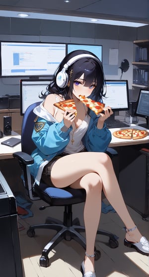 (computer room:1.4),masterpiece, best quality, girl, bishoujo, hair over shoulder, black hair, asymmetrical hair, gradient eyes, bags under eyes, beautiful detailed eyes, looking at viewer, visible through hair, open mouth, (Loose clothes:1.4), (jacket), shorts, white short sleeves, (eating pizza:1.2), wearing headphones, (cross-legged:1.2), bedroom,more detail XL,Expressiveh,concept art