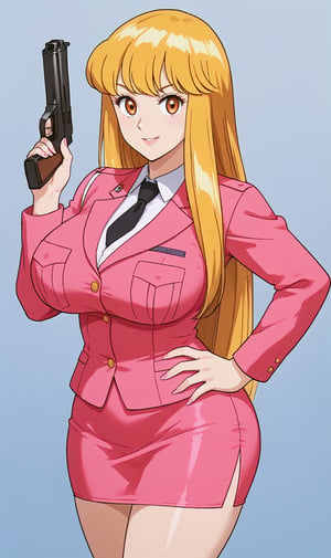 female, very long hair, blonde hair, swept bangs, beautiful detailed eyes, looking at viewer, seductive smile,((orange_eyes)),eyeshadow, tareme, longeyelashes, hand_on_hip, Pink uniform, pink skirt, pink suit, full bangs, high heels, tight skirt, black eye shadow,Big breasts, big buttocks, thick thighs,((25 years old)),HOLDING HANDGUN, AIMING,LOOKING AT GUN,TURKISH KILLER POSE