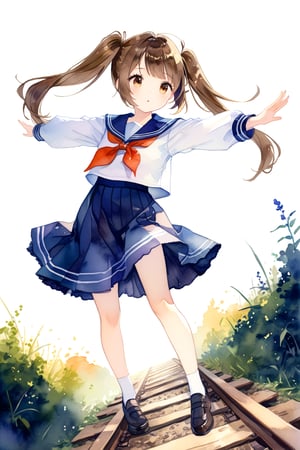 1girl, solo,((twintails)), brown hair, long eyelashes, sailor suit, head down, looking at the ground, legs together, beeping,((white background)),simple background, walking on the railroad tracks, railroad tracks with long grass,Expressiveh, spread arms, t-pose,tpose,cinematic angle,from above,watercolor \(medium\),full body,more detail XL