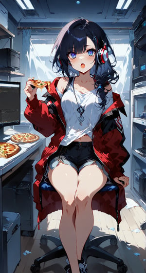 (computer room:1.4),masterpiece, best quality, girl, bishoujo, hair over shoulder, black hair, asymmetrical hair, gradient eyes, bags under eyes, beautiful detailed eyes, looking at viewer, visible through hair, open mouth, (Loose clothes:1.4), (jacket), shorts, white short sleeves, (eating pizza:1.0), wearing headphones, (cross-legged:1.0), bedroom,more detail XL,Expressiveh,concept art