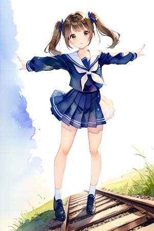 1girl, solo,((twintails)), brown hair, long eyelashes, sailor suit, head down, looking at the ground, legs together, beeping,((white background)),simple background, walking on the railroad tracks, railroad tracks with long grass,Expressiveh, spread arms, t-pose,tpose,cinematic angle,from above,watercolor \(medium\),full body,more detail XL