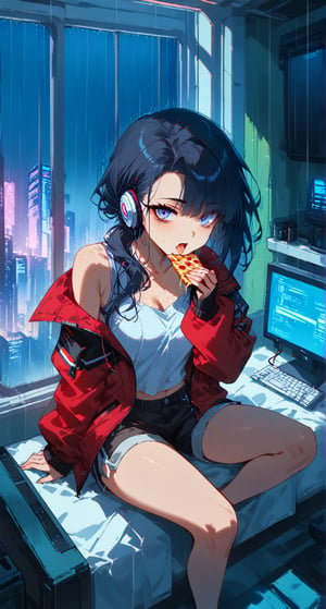 (computer room:1.4),masterpiece, best quality, girl, bishoujo, hair over shoulder, black hair, asymmetrical hair, gradient eyes, bags under eyes, beautiful detailed eyes, looking at viewer, visible through hair, open mouth, (Loose clothes:1.4), (jacket), shorts, white short sleeves, (eating pizza:1.0), wearing headphones, (cross-legged:1.0), bedroom,more detail XL,Expressiveh,concept art,cyberpunk city view out of the window,((from above)),(cyberpunk, city, kowloon, rain),