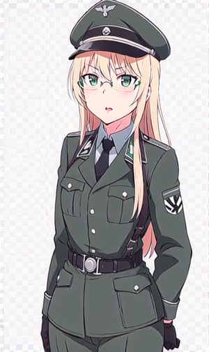 solo, gloves, 1girl, hat, female focus, belt, uniform,German military uniform, gray-green uniform, gray-green suit, stand-collar uniform, military, military uniform, Peaked cap,necktie under clothes,black military uniform,1girl,german naz uniform,peaked_cap,1guy,Stand up straight,Blonde hair, younger_fmale, round glasses,