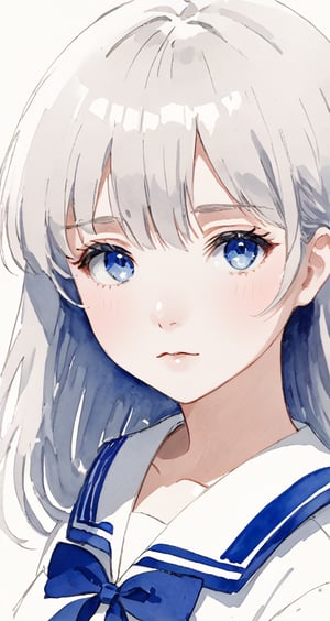 masterpiece, best quality, sailor shirt, seifuku, (blunt bangs:1.4), (long hair:1.2) ,Blue eyes, rosy cheeks, white skin, white top, detailed pupils, girl, white hair, melancholy expression, Monochrome, Sketch, Unfinished, Watercolor pencil,Expressiveh,eyetexture,blueiris,score_9,momo deviluke