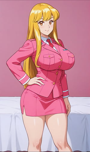 female, very long hair, blonde hair, swept bangs, beautiful detailed eyes, looking at viewer, seductive smile,((orange_eyes)),eyeshadow, tareme, longeyelashes, hand_on_hip, Pink uniform, pink skirt, pink suit, full bangs, high heels, tight skirt, black eye shadow,Big breasts, big buttocks, thick thighs,,white bra,((25 years old))