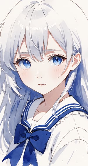 masterpiece, best quality, sailor shirt, seifuku, (hime_cut:1.4), long hair ,Blue eyes, rosy cheeks, white skin, white top, detailed pupils, girl, white hair, melancholy expression, Monochrome, Sketch, Unfinished, Watercolor pencil,Expressiveh,eyetexture,blueiris,score_9,momo deviluke