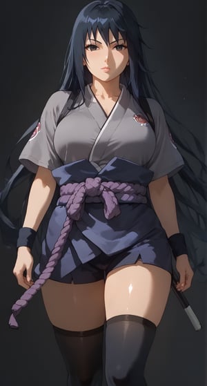 black hair,black eyes,gray shirt with short sleeves,Sasuke Uchiha,masterpiece, best quality,(very long hair:1.4), huge breasts, sarashi, hand_on_hip, head tilt, shorts, socks over thighhighs, black garter straps, highres, watercolor_(medium), (((girl))), ,black arm guard,Sexy Girl,Expressiveh,more detail XL,light purple belt,purple skirt,concept art,hinata,dark theme,slimes_touka,dark_techwear,oiran,japanese clothes,pants,spiky hair