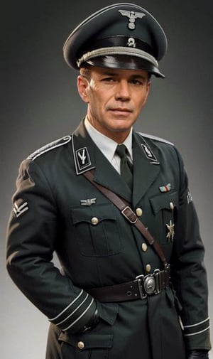 solo, gloves, 1boy, hat, male focus, belt, uniform,German military uniform, gray-green uniform, gray-green suit, stand-collar uniform, military, military uniform, Peaked cap,necktie under clothes,black military uniform,1girl,german naz uniform,peaked_cap,1guy,Stand up straight,oil painting,Dean Cornwell,Anders Zorn