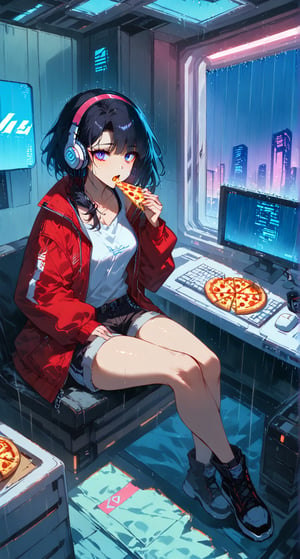 (computer room:1.4),masterpiece, best quality, girl, bishoujo, hair over shoulder, black hair, asymmetrical hair, gradient eyes, bags under eyes, beautiful detailed eyes, looking at viewer, visible through hair, open mouth, (Loose clothes:1.4), (jacket), shorts, white short sleeves, (eating pizza:1.0), wearing headphones, (cross-legged:1.0), bedroom,more detail XL,Expressiveh,concept art,cyberpunk city view out of the window,((from above)),(cyberpunk, city, kowloon, rain),