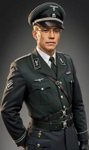 solo, gloves, 1boy, hat, male focus, belt, uniform,German military uniform, gray-green uniform, gray-green suit, stand-collar uniform, military, military uniform, Peaked cap,necktie under clothes,black military uniform,1girl,german naz uniform,peaked_cap,1guy,Stand up straight,oil painting,Dean Cornwell,Anders Zorn,Blonde hair, younger_male, round glasses