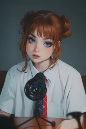 r4luc4, blue eyes, red hair, White shirt, makeup, lipstick
,photorealistic,dr4g0nb4ll_Style