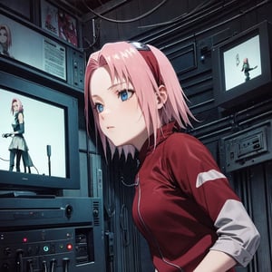 Depressive Machines, 1girl, green lighting, televisions everywhere, cables everywhere, haruno sakura