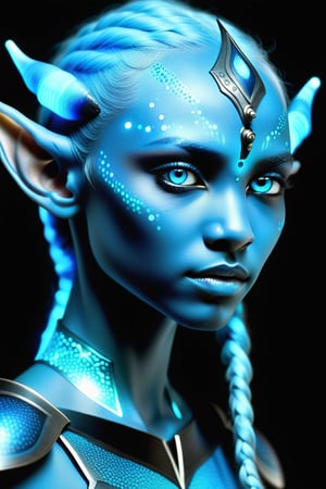 blue humanoid avatar with bioluminescent avatar markings dots and patterns on their skin. Pointed elf ears. avatar like hair, hair colour black, sparkling glowing blue eyes, slightly shimmery iridescent blue skin. female, warrior like, magical and mystical, detailed and realistic. Only blue skin tone. Only blue coloured skin. Skin colour all blue.,better photography, studio light, full body