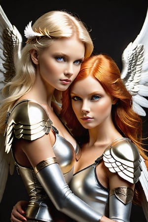 eye catching, Beautiful platinum blonde female angel protects beautiful ginger female pixie warrior, wings shelter, , drab, OverallDetail,more detail XL, studio light