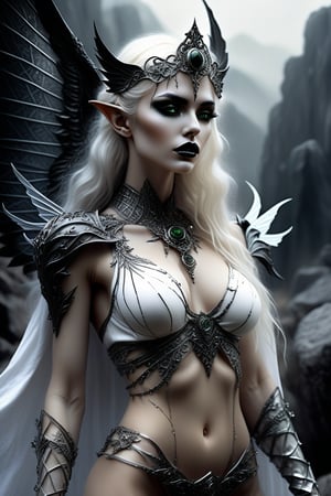 full face pose, Very beautiful slender green-eyed platinum blonde in full height. White clothes. Elf warrior queen. Transparent wings and armor. jewelry. black roses. Dark tones. Valkyrie. A beautiful woman with . Luis Royo style. Intense and captivating look. Skin and face painted with black glitter. Lips painted black. Long, wavy, black hair. Mountains, stones. Illustrative art, art interpretation, concept art, cgsociety contest winner, season art, season art hd, 4k, 8k, intricate, detailed, intricately detailed, luminous fantasy translucent ghostly crystal, holographic data, soft body, shadow play, light, fog, atmospheric, cinematic, light film, hyper detailed, hyper realistic, masterpiece, atmospheric, high resolution, art by Luis Royo, 8k, HDR, 500px, mysterious and ornate digital art, photic, intricate, fantasy aesthetic +8k