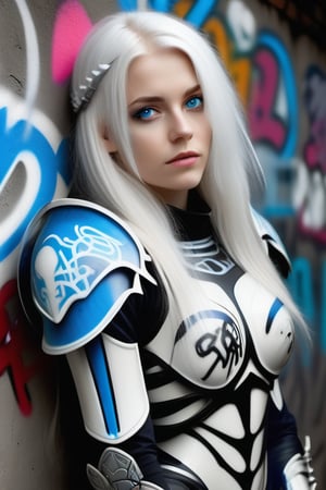 a very pretty woman, 24 years old, long white hair, she is dressed in bone armor, she has blue eyes, behind her there is a wall covered in graffiti, realistic photo, 8k, studio light, distopic  , photo full body