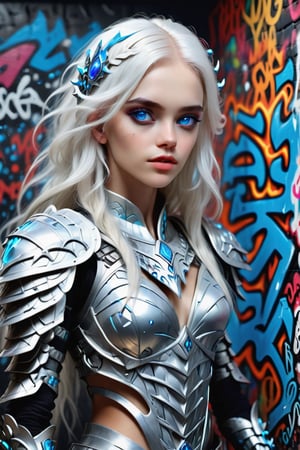 a very pretty woman, 24 years old, long white hair, she is dressed in bones armor, she has blue eyes, behind her there is a wall covered in graffiti, realistic photo, 8k, studio light, distopic , full,F41Arm0rXL 