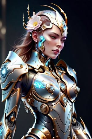 luxe cyborg woman, lightning goddess, delicate face, elegant and biomechanical, diamond-encrusted plating, luxury flowery armor, highly detailed, digital painting, artstation, asymmetrical, concept art, smooth, sharp focus, 8k, distopic
