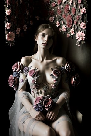 Ethereal woman clothed in an elaborate array of flowers, folded fabric in her seat, intricate details, chiaroscuro-enhanced dramatic lighting, photorealistic portrayal, high definition.