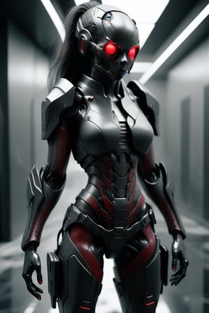  hyper-realistic RAW, a Close Combat Assault women with a Carbon Fiber Assassin head, titanium exoskeleton with a sleek matte black finish, black chameleon accents color along the edges, red ruby "L7" insert, giving it a striking appearance, dystopian photography, discomfort moments, Loish Art styles, ultra unique natural textures, slight imperfections, vray                                                                                                      hyper-realistic (RAW, analog), dystopian photography, discomfort moments, Loish Art styles, ultra unique natural textures, slight imperfections, vray