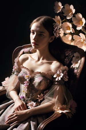 Ethereal woman clothed in an elaborate array of flowers, folded fabric in her seat, intricate details, chiaroscuro-enhanced dramatic lighting, photorealistic portrayal, high definition.