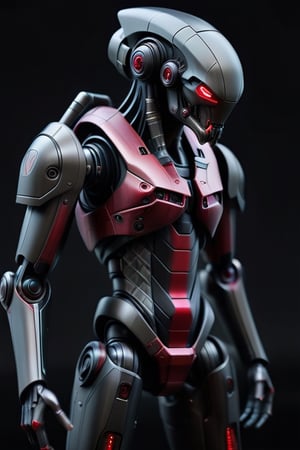  hyper-realistic RAW, a Close Combat Assault robot with a Carbon Fiber Assassin head, titanium exoskeleton with a sleek matte black finish, black chameleon accents color along the edges, red ruby "L7" insert, giving it a striking appearance, dystopian photography, discomfort moments, Loish Art styles, ultra unique natural textures, slight imperfections, vray                                                                                                      hyper-realistic (RAW, analog), dystopian photography, discomfort moments, Loish Art styles, ultra unique natural textures, slight imperfections, vray