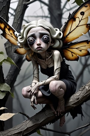 dying, unconscious, curled up, lying, on a tree branch, very large black eyes with dark circles, blackish streaks around the eyes, dark veins visible under the very pale skin, wrinkled wings, torn dress made from tree leaves, unhappy,  desperate, sick, sweating, poisoned