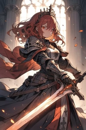 masterpiece, best quality, aesthetic, woman, teen, knight, red_hair, amber_eyes, sword,glowing sword,royal knight