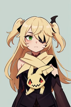 masterpiece, best quality, fischl (genshin impact), mimikyu_cosplay,1girl,eyepatch, two side up, blonde hair,long hair, hair ornament,hair over one eye, green eyes