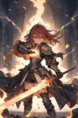 masterpiece, best quality, aesthetic, woman, teen, knight, red_hair, amber_eyes, shortsword,casting spell, fire, electricity, glowing sword, armored