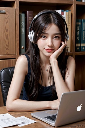 1girl, solo, long hair, looking at viewer, smile, skirt, black hair, brown eyes, upper body, black eyes, lips, sleeves past wrists, v, realistic,The girl was wearing headphones, The background is in the library, sitting behind a desk with a cup of hot coffee and a laptop on the desk, 