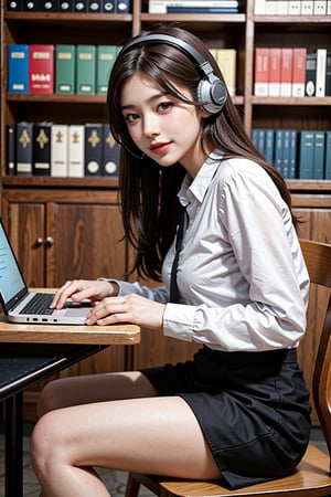 1girl, solo, long hair, looking at viewer, smile, skirt, black hair, brown eyes, upper body, black eyes, lips, sleeves past wrists, v, realistic,The girl was wearing headphones, The background is in the library, sitting behind a desk with a cup of hot coffee and a laptop on the desk, and an English book on the desk, Wearing white stockings
