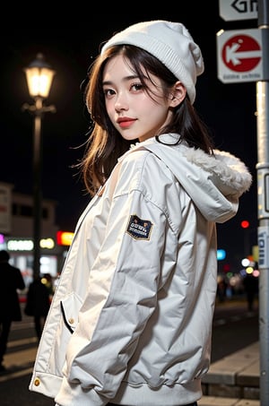 1girl, solo, long hair, looking at viewer, smile, white down jacket and white wool hat, black hair, brown eyes, upper body, black eyes, lips, sleeves past wrists, v, realistic,soft light, Snowflakes are floating in the sky, Background In the snowy city night, the girl stood by the street lamp, walked by a handsome boy, Pedestrians in the street are in a hurry.