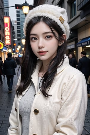 1girl, solo, long hair, looking at viewer, smile, white down jacket and white wool hat, black hair, brown eyes, upper body, black eyes, lips, sleeves past wrists, v, realistic,soft light, Snowflakes are floating in the sky, Background In the snowy city night, the girl stood by the street lamp, walked by a handsome boy, Pedestrians in the street are in a hurry.