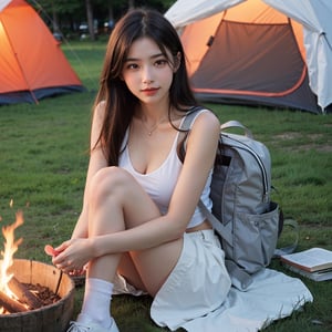 1 girl, masterpiece, best quality, Magalie Villeneuve and Monet, detailed color art, fantasy art, on the grass at night under the stars, leaning against the tent and holding a book in her hands, tent There is a bonfire in front, long hair, black hair, brown eyes, white backpack, gray skirt, smile, gray colorblock casual clothes, white sneakers, soft light,
