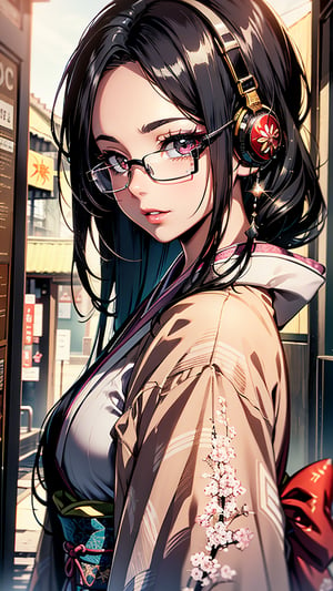 (1girl:1.3), Masterpiece, Best quality, amazing beauty, [[3D]], 4K, absurdres, finely detail, super detailed eye, perfect anatomy, official art, cinematic lighting, BREAK, Japanese-style room, silky super long hair, forehead, black hair, super shiny detailed black eye, big eyes, sparkle(in the eyes), thin eyebrow, Gazing into the Distance, close-mouth, plump lips, Mascara, False eyelashes, pink lips, eyewear, happy face, BREAK , usually, tall, slender, fair skin, full body, from side, BREAK , ornate hairpin, BREAK,(kimono:1.3) ,headphones 