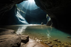 professional, cinematic, highly detailed photo, cinematic lighting, volumetric light, hyper-detailed photorealistic of an imposing cave with a crystal clear lake reflecting sunlight, very high level of detail, sharp, sharp focus.