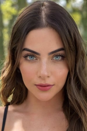 Detailed photo of Jade Picon, (angelic, realistic and delicate face), (natural light blue slightly greenish eyes),  (perfect eyes with a penetrating and sensual gaze), dark brown hair, Mascara on the eyelashes, discreet smile, lipstick,, makeup professional, professional photography, ultra detailed lighting, natural shading, film grain