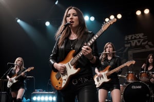 professional, cinematic, highly detailed photo, cinematic lighting, volumetric light, hyper-detailed photorealistic photo of a rock concert, (all-female band: 1.4), very high level of detail, sharp and detailed focus, (16-35mm, f/8, 1/60, ISO 400, full band, large stage)