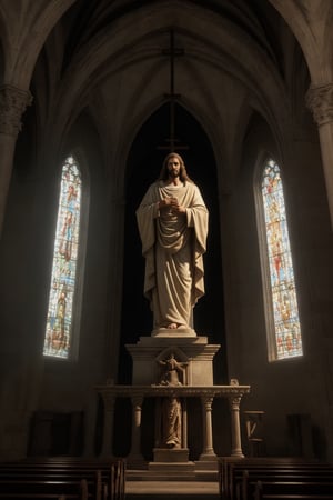 professional, cinematic, highly detailed photo, realistic skin texture, cinematic lighting, volumetric light, hyper-detailed photorealistic photo of a cathedral, Jesus, cross, very high level of detail, with soft natural lighting, sharp focus.