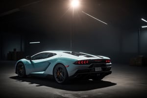 side shot of lamborghini in a dimly lit warehouse in the fog, high quality photo, lens flare, bokeh, 8k resolution, gobo lights, warm ambient light, volumetric light, neon lights, depth of field, analog, atmosphere nebula, side photo