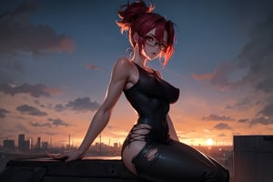 A young woman with fiery red hair styled in a ponytail and messy locks sits atop a rusty rooftop, gazing directly at the viewer. Her small breasts and medium-sized derrière are visible beneath torn black pants with straps, and her black shirt features vibrant orange accents. Special glasses rest on her forehead, framing her facial features. Sweat glistens on her skin as she raises her arms in a defiant pose. The apocalyptic landscape stretches out before her, bathed in the warm glow of a setting sun with a crimson hue. Tall grass sways gently in the breeze, covering most of the rooftop. Her nipples appear prominent beneath her shirt, drawing attention to her physique.