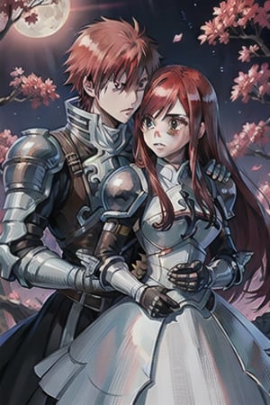high quality, 1 boy, ichigo from bleach, golden eyes, 1girl, erza from fairy tail, dark red hair, kissing, moonlight background at night,properkissing,fairy tail,orihime,hollow mask ichigo, long hair, red hair,brown eyes, armor, shoulder armor,gauntlets, breastplate, armored dress