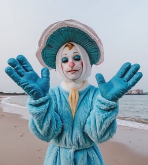 In a playful, fish-eye framed shot, a woman stands confidently, making direct eye contact with the viewer as she waves enthusiastically. She's dressed in a showstopping outfit featuring a stringy blue dress that complements her huge, fluffy blue hat. Her blue fuzzy gloves and matching boots add to the whimsical theme. A bold, blue-hued makeup look adds pops of white, completing this striking, ocean-inspired ensemble.