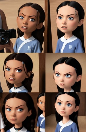 Highly realistic 8K. 
(( Katara :1))
,  young, innocent anthropomorphic animals, with the focal point being a very small, young, and flat-chested she has expressive blue eyes, penny peterson, long hair, dark black hair 3d 
, (( flipping off camera pissed off expression angry))
  ((Comic panels multiple panels multiple view, four panels )),