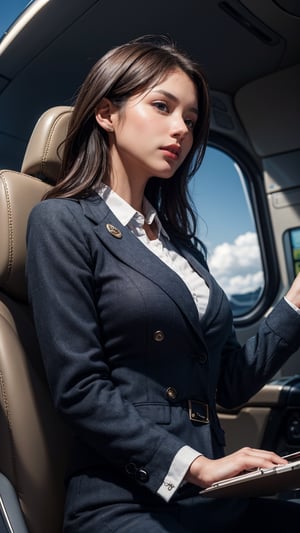 Ultra-detailed photorealistic image of a stunning flight attendant, dressed in a pilot's uniform, standing confidently in the cockpit of an airplane. Soft, natural gentle lighting illuminates her exquisite features, showcasing detailed skin, eyes, and facial structure. Her gaze is upward, as if admiring the breathtaking beautiful sky outside. In the foreground, she gently touches a tablet, its sleek design contrasting with the vintage cockpit surroundings. The entire scene is bathed in a warm glow, as if captured by a professional photographer, making for an 8k wallpaper-worthy masterpiece.